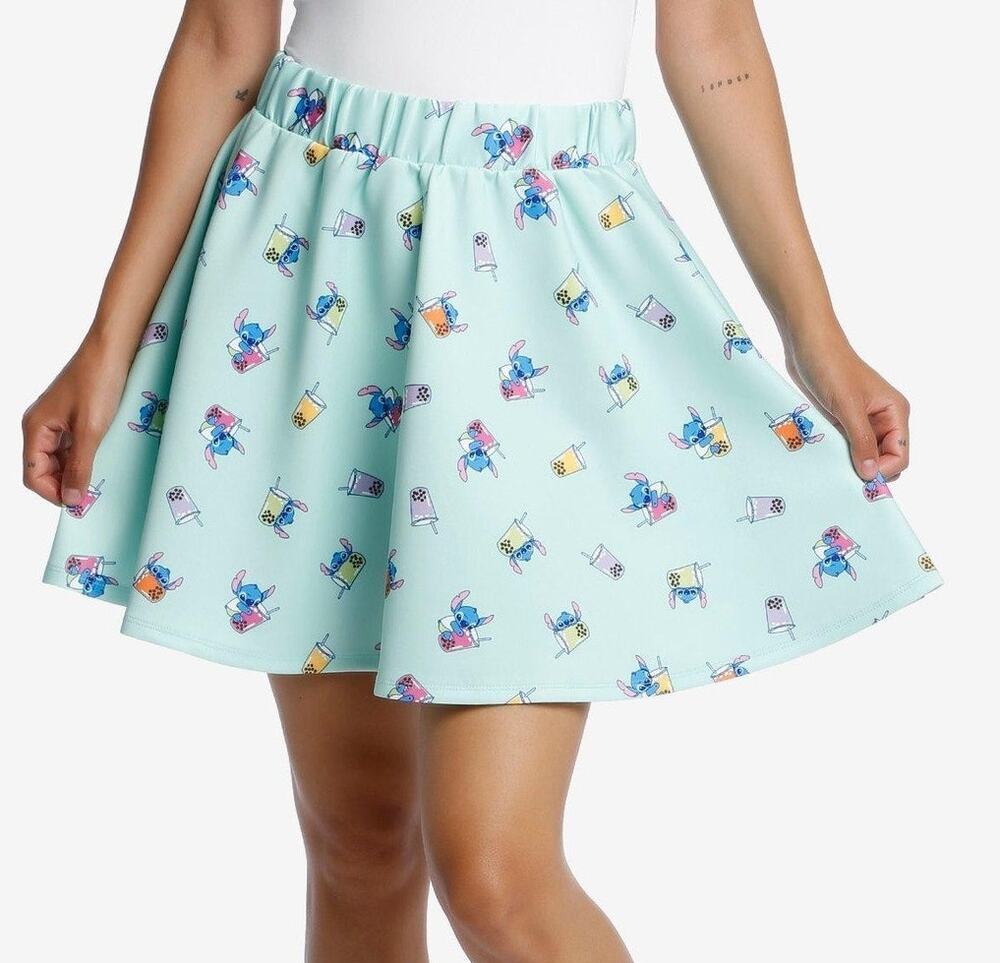 Disney Womens Lilo & Stitch Boba Graphic Skater Skirt Small Teal Kawaii Y2K Cute